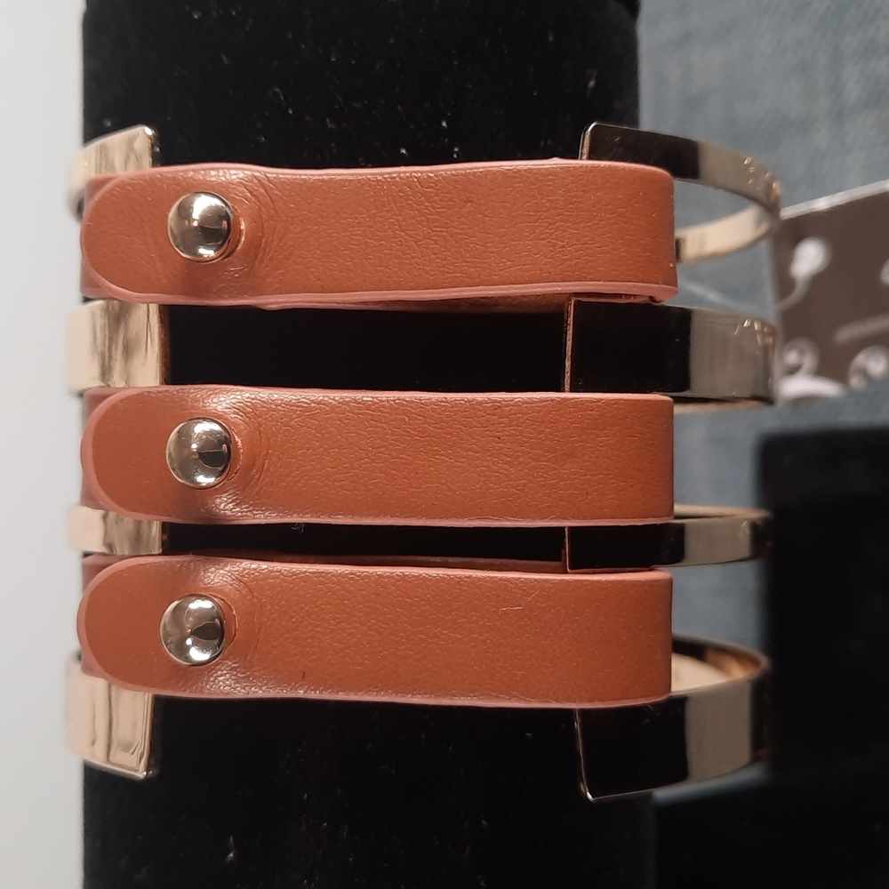 Fun Brown Leather Strap Button Closure Cuff Bracelet Gold Metal Bands